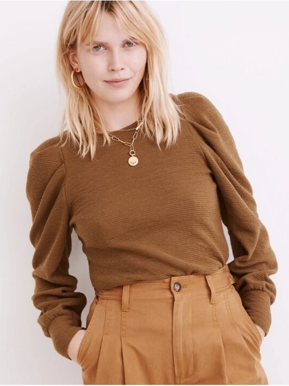 Madewell Puff-Sleeve Pleated Long Sleeve Top in Olive Green Size Medium